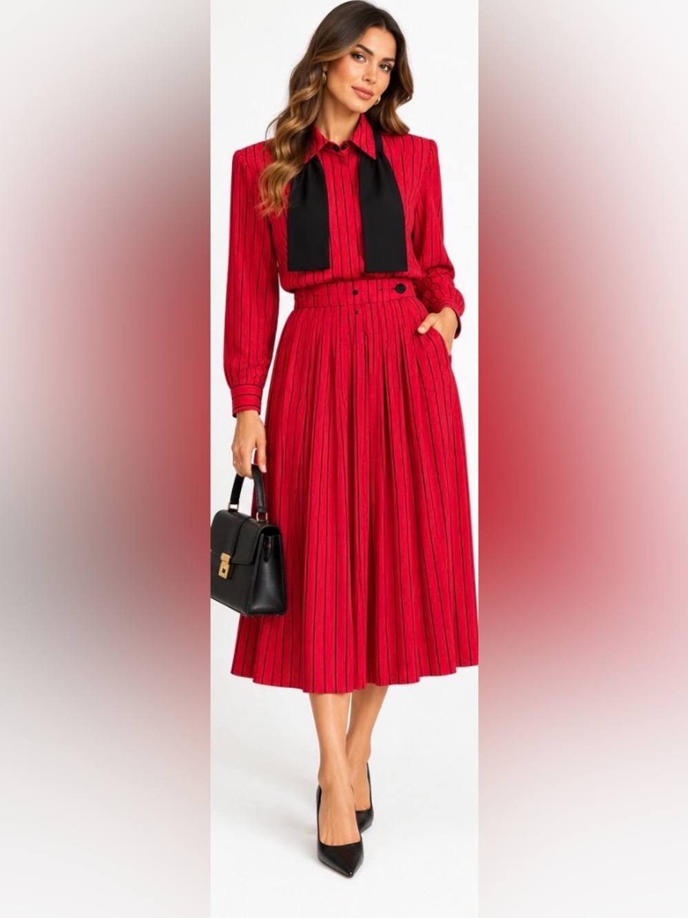 Vintage Prophecy Red Black Stripe Rayon Blouse Midi Skirt Set Size 6